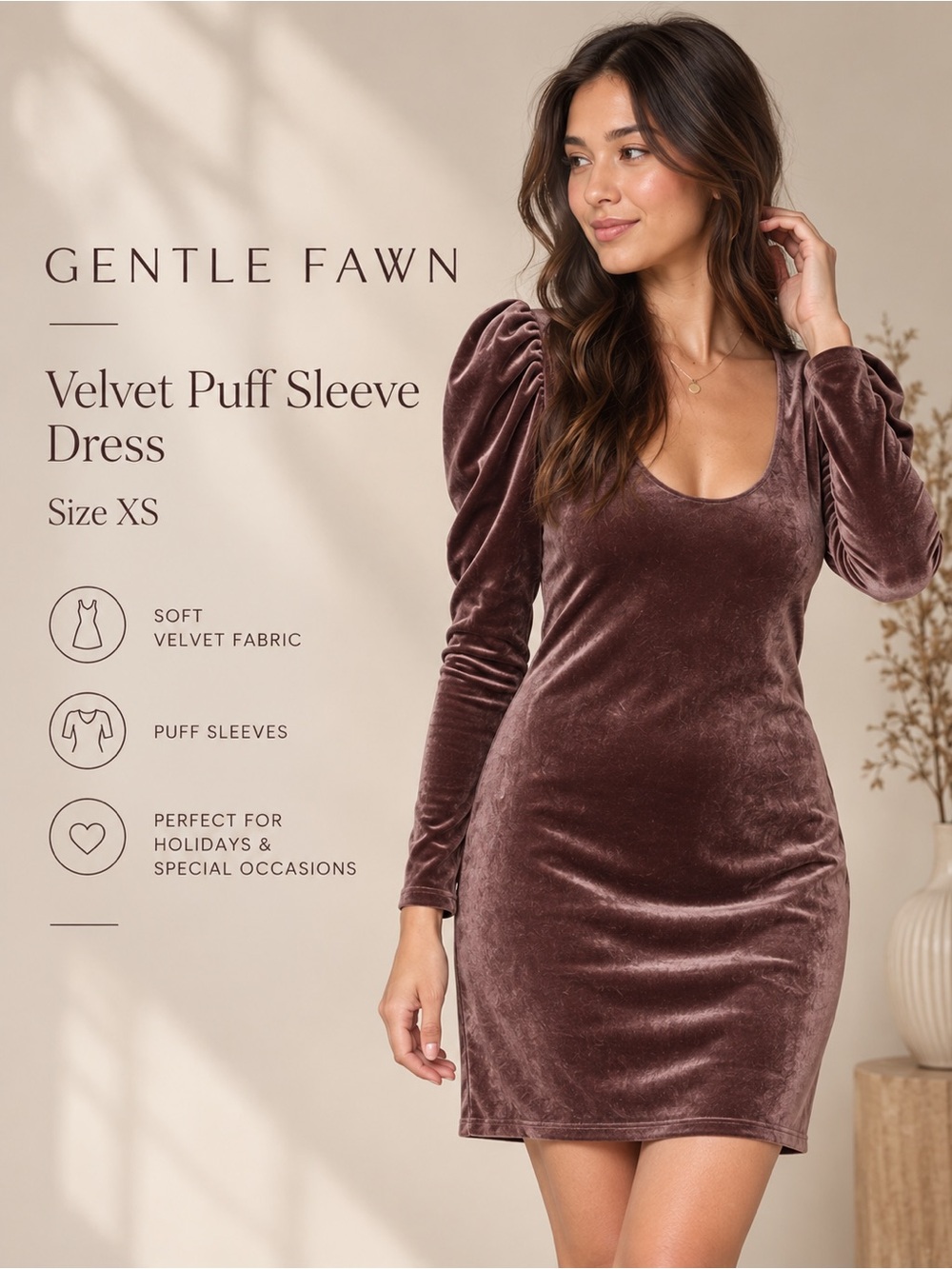 Gentle Fawn Mauve Velvet Puff Sleeve Mini Dress XS